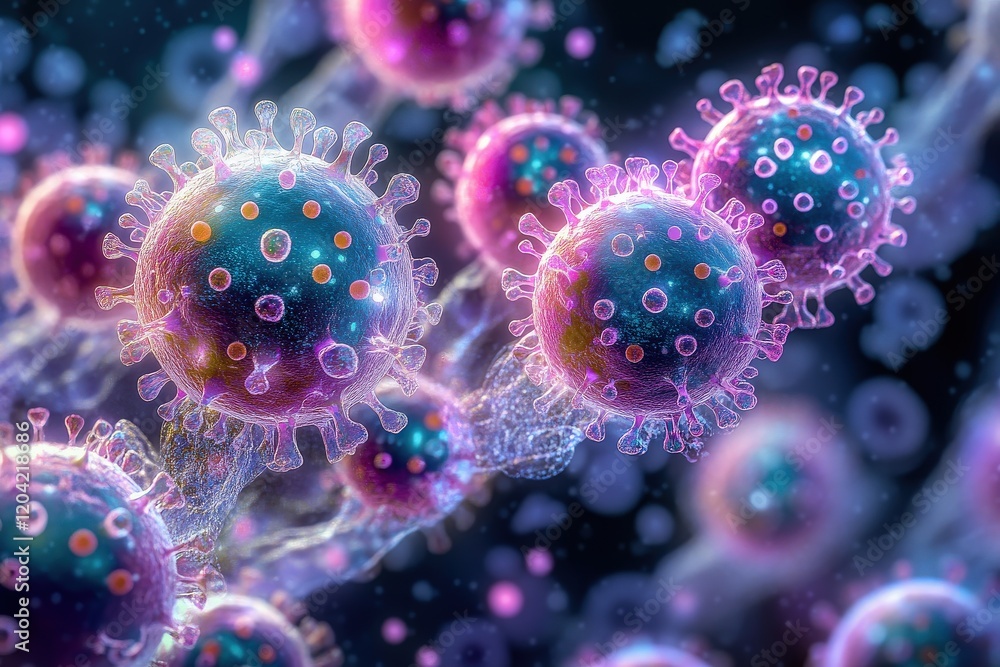 Detailed Close-Up of Colorful Virus Particles Under Microscope with Intricate Structures and Textures, Emphasizing Scientific Research and Study in Microbiology Detailed Close-Up of Colorful Virus Particles Under Microscope with Intricate Structures and Textures, Emphasizing Scientific Research and Study in Microbiology