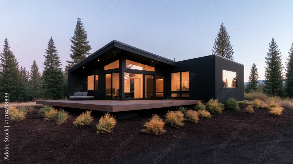 Obraz premium Modern Black Cabin in a Forest Setting