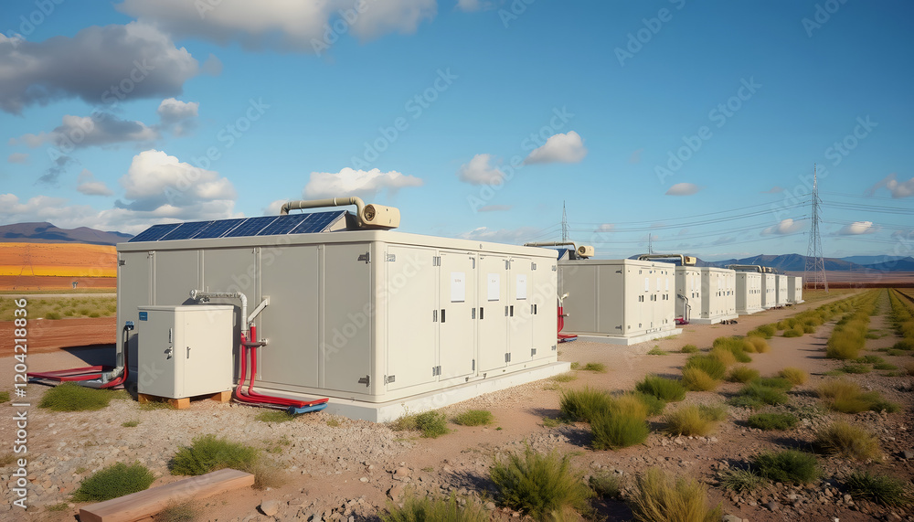 A battery storage facility showcasing advanced energy storage solutions for green energy, vintage, with white tones A battery storage facility showcasing advanced energy storage solutions for green energy, vintage, with white tones