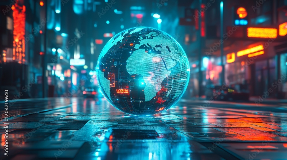 an image of the Earth hovering over the wet asphalt of a nighttime city illuminated by bright neon lights an image of the Earth hovering over the wet asphalt of a nighttime city illuminated by bright neon lights