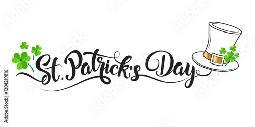 Happy St. Patrick's Day lettering poster with green shamrock. Traditional Irish holiday. For greeting cart, poster, banner, flyer, web page, social media. Isolated vector illustration