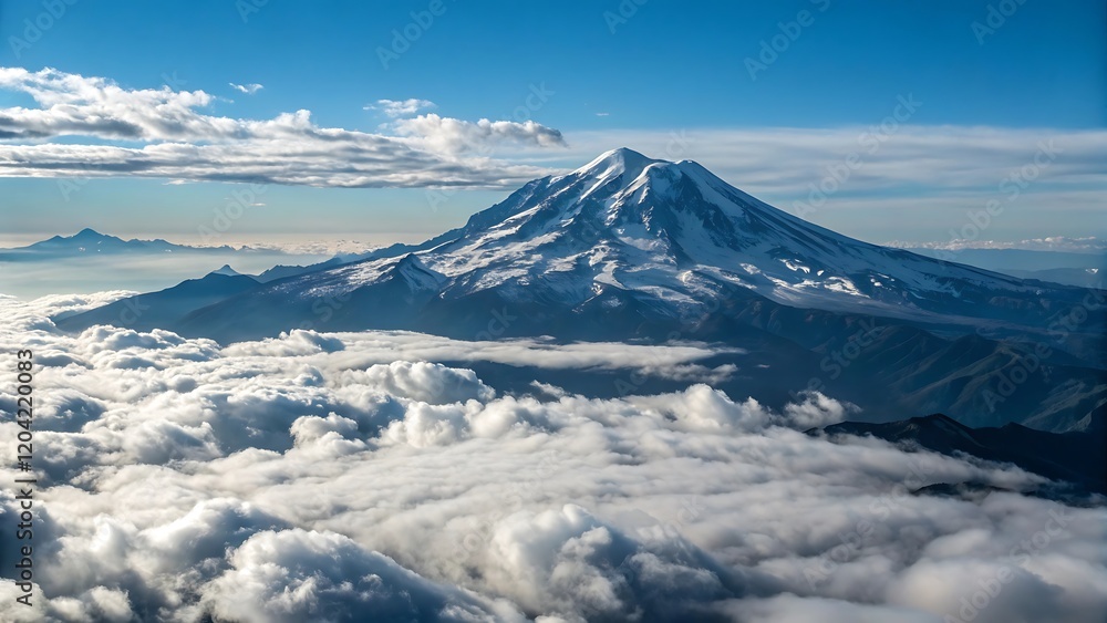Snow-Capped Mountain Peak Emerging Above the Clouds with a Clear Blue Sky for Scenic and Adventure Inspirations Snow-Capped Mountain Peak Emerging Above the Clouds with a Clear Blue Sky for Scenic and Adventure Inspirations