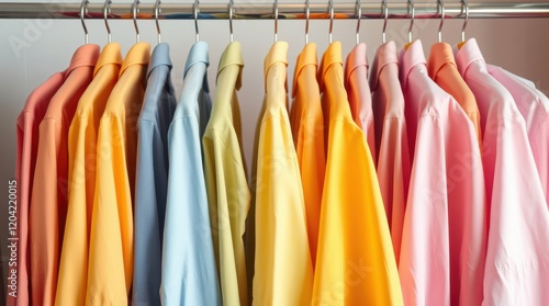 Wallpaper Mural Pastel-colored shirts hanging neatly on a clothes rack, showcasing a vibrant and organized wardrobe. Torontodigital.ca