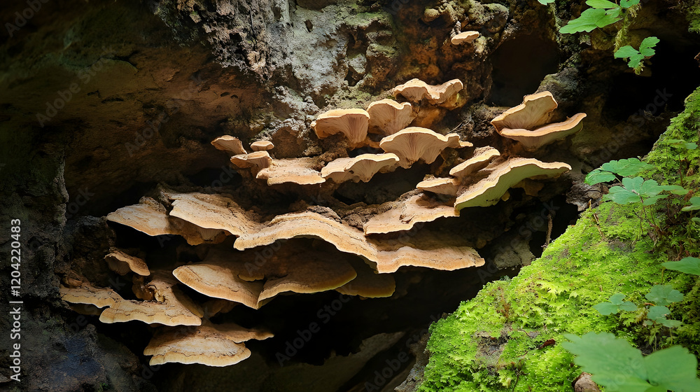 Obraz premium Mushrooms growing on decaying log in forest, close-up view