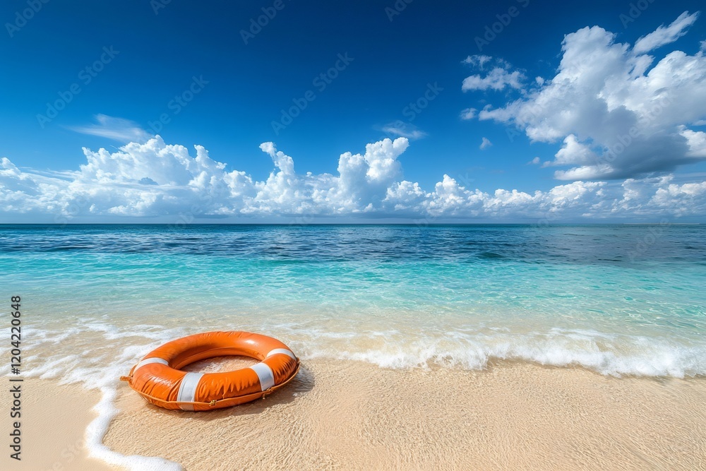 Obraz premium Orange lifebuoy resting on the shore of a tropical beach during a sunny day