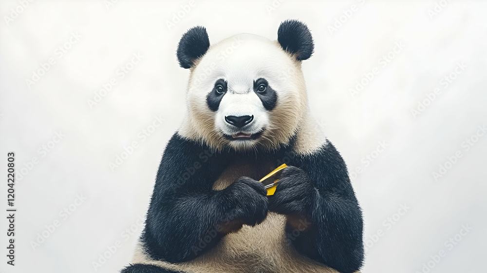Panda holding food, zoo enclosure, white background, conservation awareness campaign Panda holding food, zoo enclosure, white background, conservation awareness campaign
