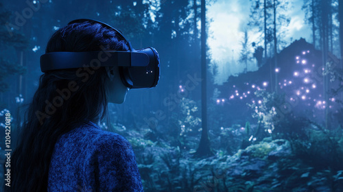 Woman using VR headset exploring enchanted forest at night