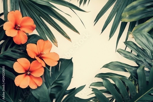 Vibrant hibiscus blossoms surrounded by lush green tropical leaves in a serene setting