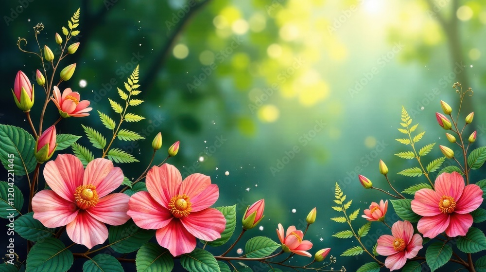 Enchanted Forest Bloom Delicate Pink Flowers Flourishing Amidst Lush Greenery and Soft Sunlight Enchanted Forest Bloom Delicate Pink Flowers Flourishing Amidst Lush Greenery and Soft Sunlight