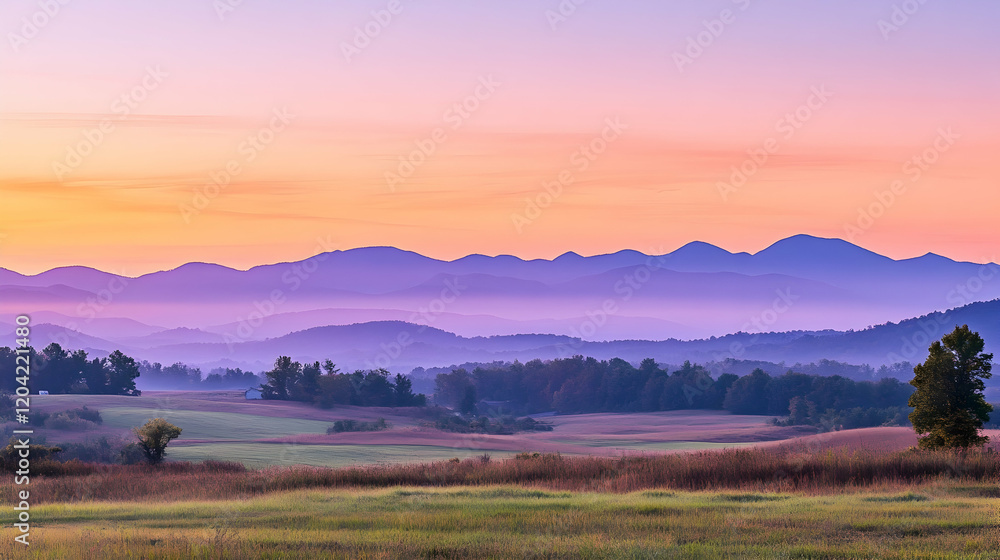 Serene sunrise over misty mountain range and farmland. Perfect for travel brochures or nature documentaries Serene sunrise over misty mountain range and farmland. Perfect for travel brochures or nature documentaries