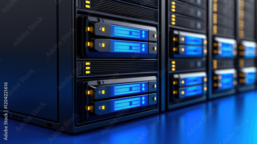 Naklejka premium Data servers with blue lights and sleek design
