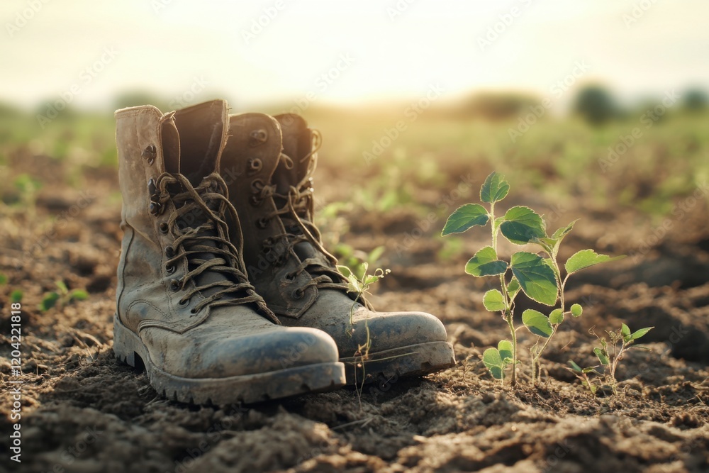 Old boots resting on fertile soil beside a growing plant, symbolizing hard work, growth, and connection to the land under sunlight Old boots resting on fertile soil beside a growing plant, symbolizing hard work, growth, and connection to the land under sunlight