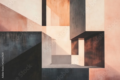Abstract geometric architecture with muted tones and intersecting planes creating a visually intriguing composition.