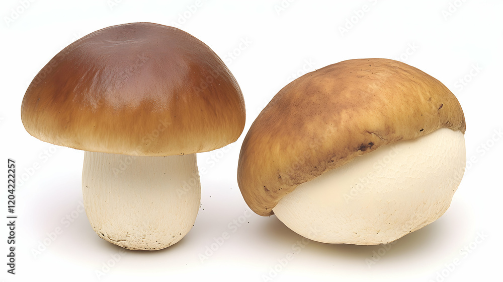 Two brown mushrooms on white background; food photography for cookbook or website Two brown mushrooms on white background; food photography for cookbook or website