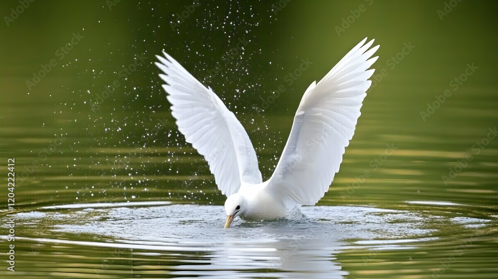 White bird taking flight from lake, splashing water, green background, nature wildlife photography White bird taking flight from lake, splashing water, green background, nature wildlife photography
