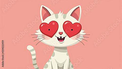 Cute cartoon cat with heart shaped eyes.  Illustration in flat style.