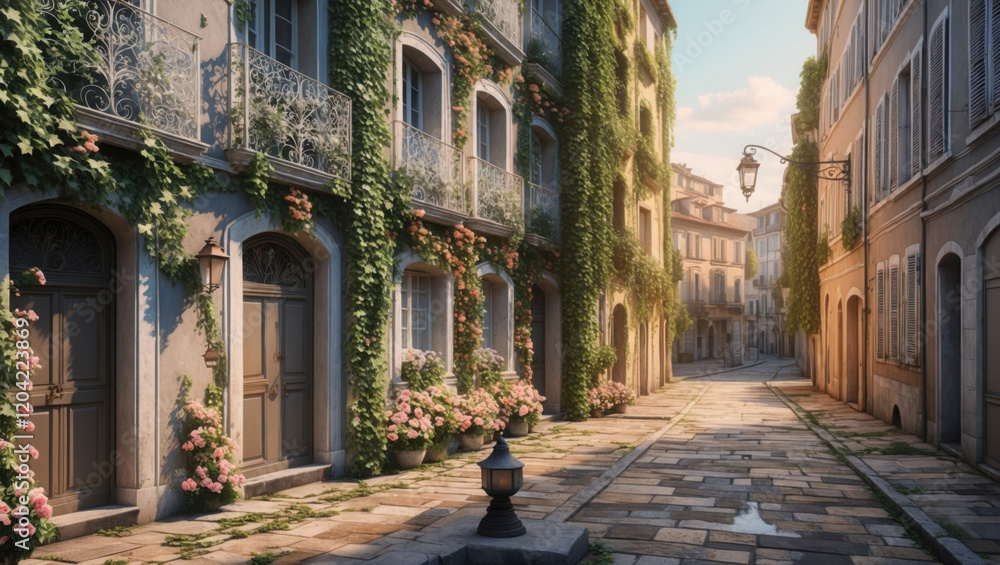 Fototapeta premium Charming European Alleyway A romantic European alley with warm-toned buildings, climbing ivy, and beautiful roses creating an idyllic summer atmosphere. 
