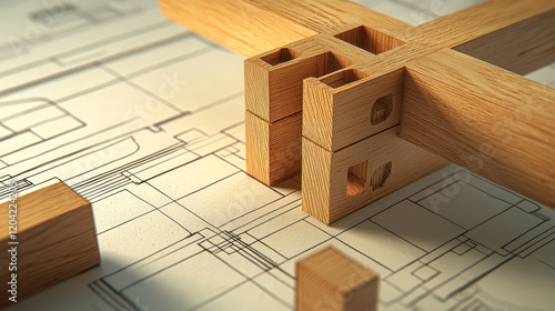 Fototapeta Naklejka Na Ścianę i Meble -  A highly intricate 3D-rendered visualization of wood joinery featuring an array of planks connected at various lengths using the same joint technique. Generative AI