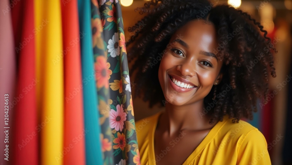 Close-up vibrant fabric patterns from boutique's diverse clothing lines Smiling Black woman opening her new boutique store Close-up vibrant fabric patterns from boutique's diverse clothing lines Smiling Black woman opening her new boutique store