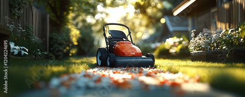 Wallpaper Mural Lawn mower in garden, sunny day, houses background, spring cleaning Torontodigital.ca