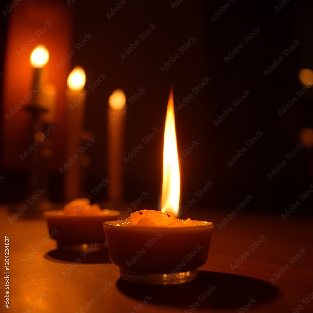 Glowing candlelight in dark room. Glowing candlelight in dark room.