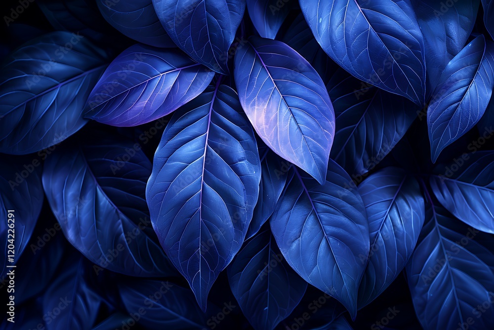 Fototapeta premium Green and Blue Neon Light with Tropical Leaves