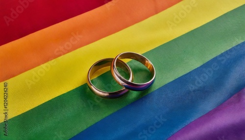A pair of golden wedding rings laying on a rainbow flag. Gold ring as gay, lesbian, bisexual and transgender marriage, same sex civil union or partnership symbol. LGBTQ and marriage rights concept.