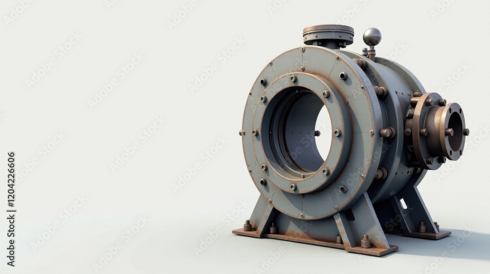 A weathered industrial machine component, robustly built with visible rust and bolts, stands on a simple surface against a plain background A weathered industrial machine component, robustly built with visible rust and bolts, stands on a simple surface against a plain background