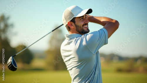 Texture of manâs polo shirt billowing softly in gentle breeze Smiling Middle Eastern man golfing on a sunny day photo