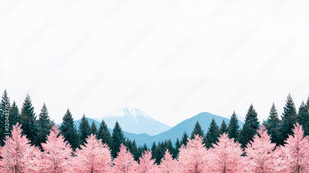 Fototapeta premium A serene landscape featuring pink trees in the foreground, lush green evergreens, and distant mountains under a clear sky.