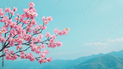 A serene view of a flowering cherry tree against a soft blue sky, with distant mountains creating a peaceful, natural landscape.