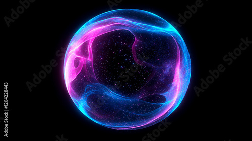 Glowing blue and purple abstract sphere of small particles like data flow on a dark background. Creative digital tech circle