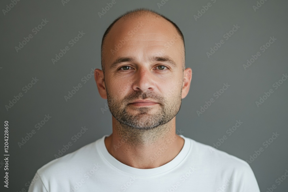 Portrait of a bald man with a light beard wearing a white shirt, set against a neutral gray background. Ideal for professional profiles, personal branding, and lifestyle concepts. Portrait of a bald man with a light beard wearing a white shirt, set against a neutral gray background. Ideal for professional profiles, personal branding, and lifestyle concepts.