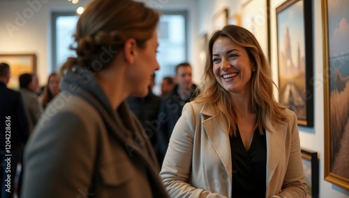 Candid moment showing artist deep in conversation with fellow creator Smiling Caucasian artist showcasing work at a gallery opening