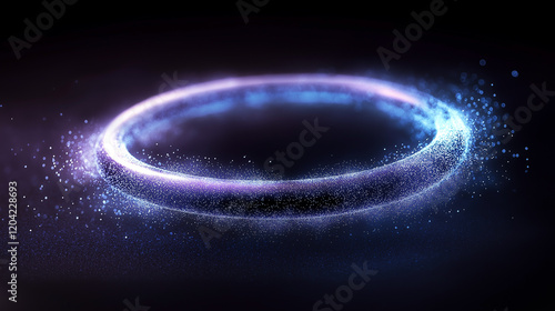 Glowing blue and purple abstract sphere of small particles like data flow on a dark background. Creative digital tech circle