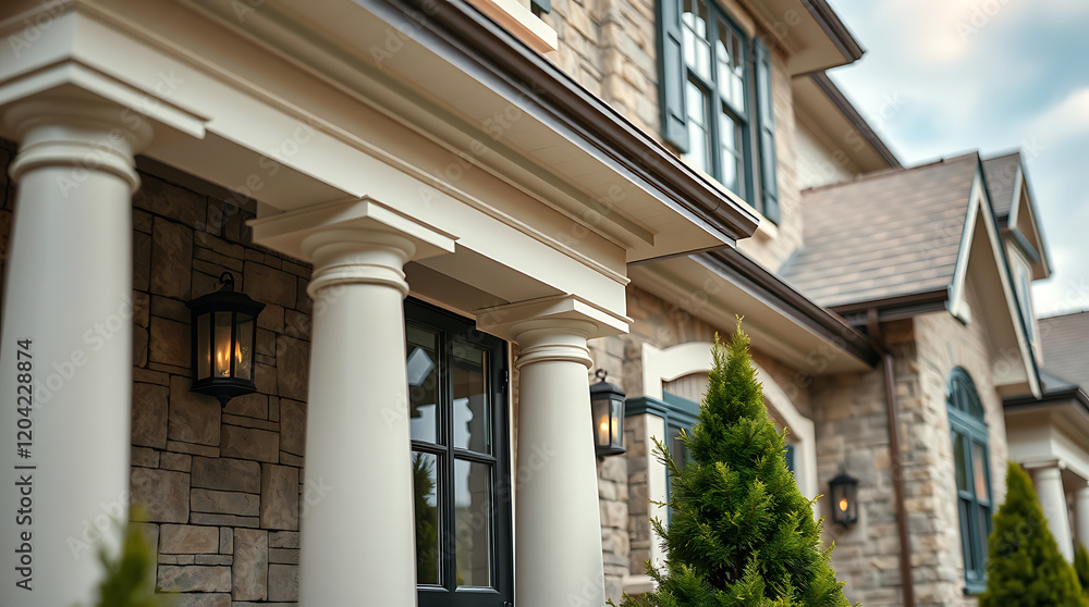 Elegant Home Exterior: Stone Facade, Classic Columns, and Modern Design Elegant Home Exterior: Stone Facade, Classic Columns, and Modern Design