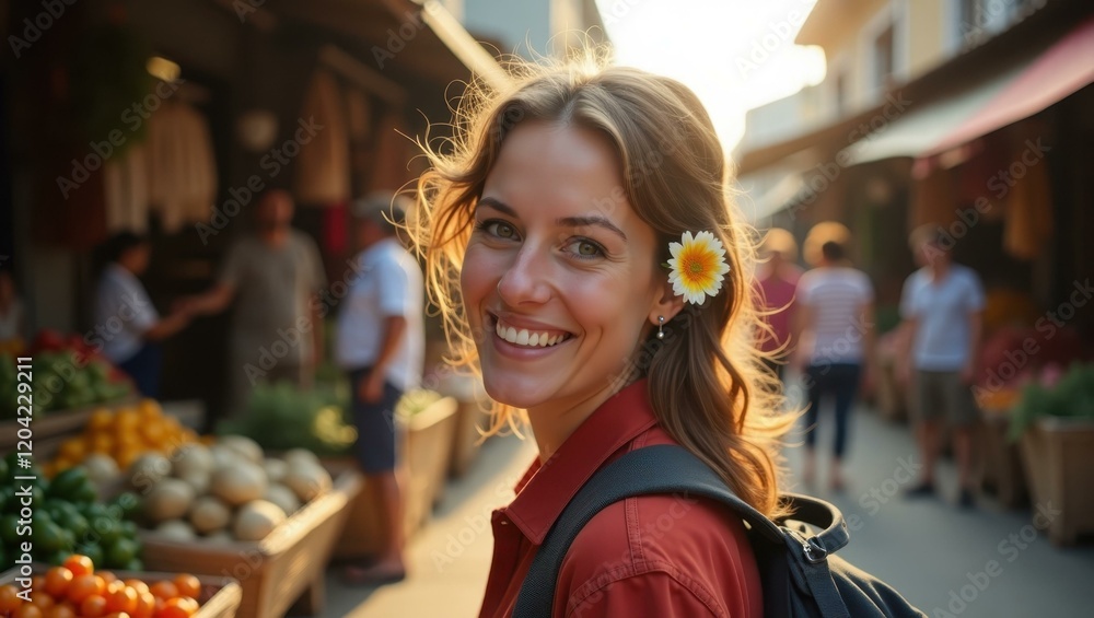 Close-up freshly picked wildflower tucked behind ear ofenthusiastic explorer Smiling Caucasian solo traveler mingling with locals in a bustling market Close-up freshly picked wildflower tucked behind ear ofenthusiastic explorer Smiling Caucasian solo traveler mingling with locals in a bustling market