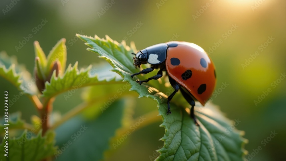 Naklejka premium Close-up ladybirds crawling gracefully over nearby plants Smiling Hispanic woman meditating in a serene garden