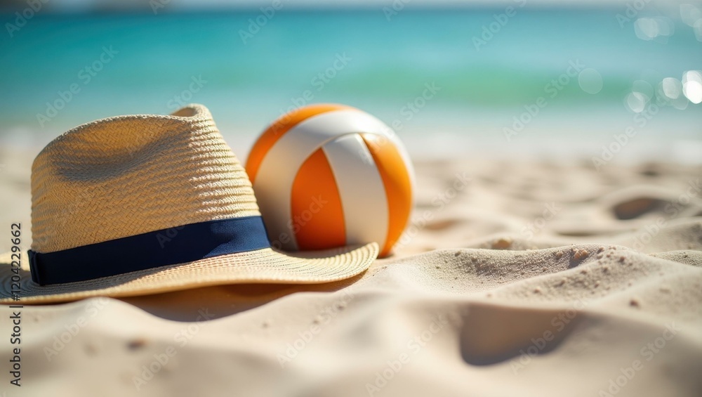 Obraz premium Close-up sun hat and volleyball resting together on sand Smiling Asian friends playing beach volleyball