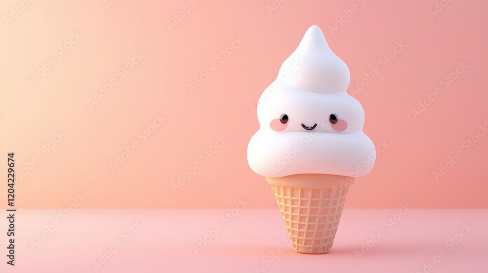 Cute Minimalistic Ice Cream Cone Character in Soft Pink Background Cute Minimalistic Ice Cream Cone Character in Soft Pink Background