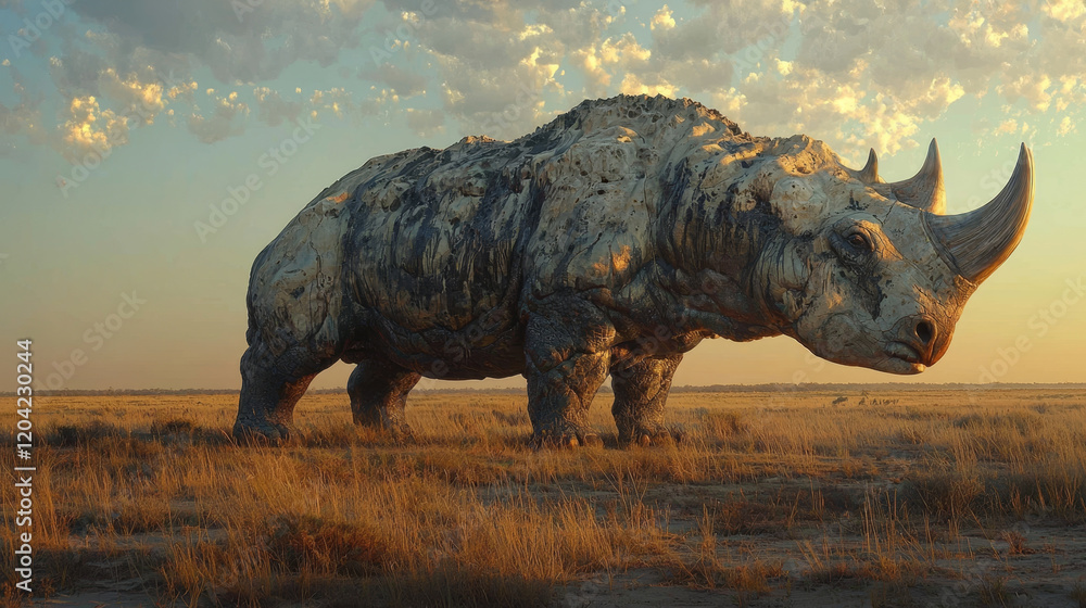Fototapeta premium Ancient rhino, sunset savanna Massive prehistoric beast.