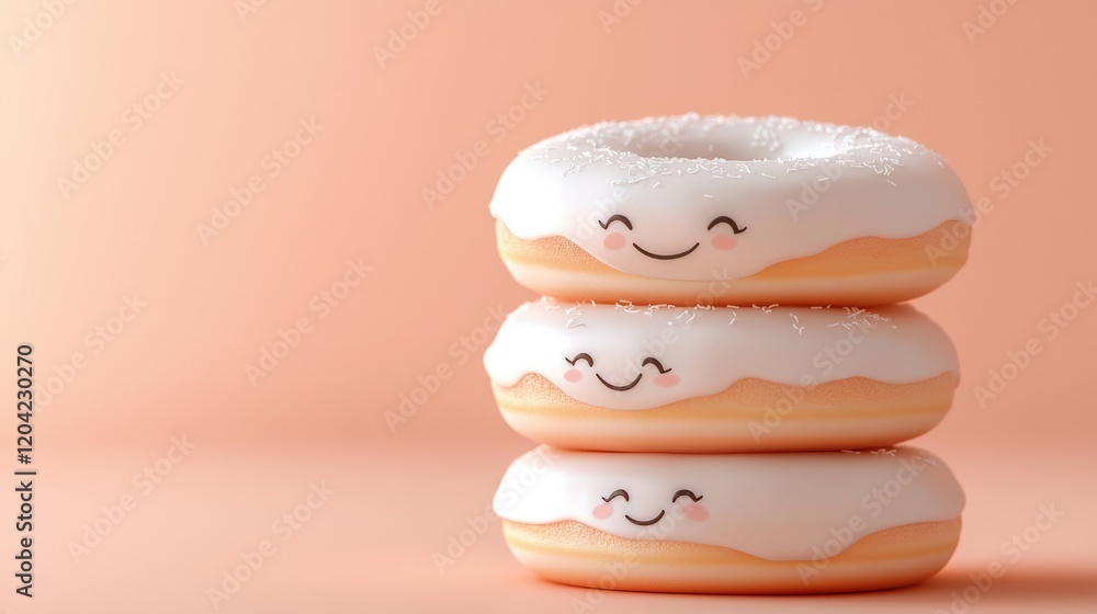 Cute Minimalistic Stack of Donuts with Happy Faces on Simple Background Cute Minimalistic Stack of Donuts with Happy Faces on Simple Background