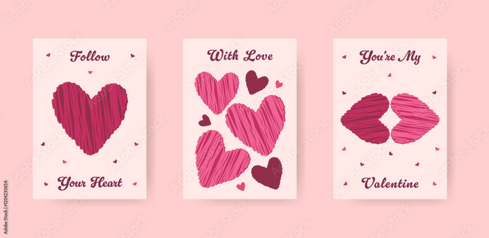 Valentine's Day cards with pink and burgundy hearts. The text on each card reads, Valentine's Day cards with pink and burgundy hearts. The text on each card reads,