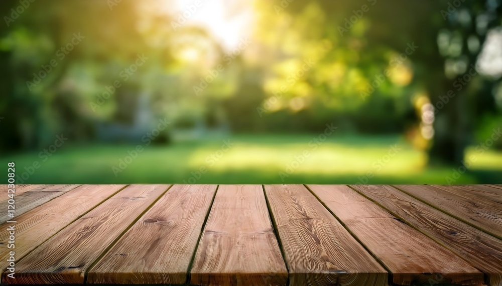 Empty old wooden table background surface with blurred green yard background. Empty table mockup for products Empty old wooden table background surface with blurred green yard background. Empty table mockup for products