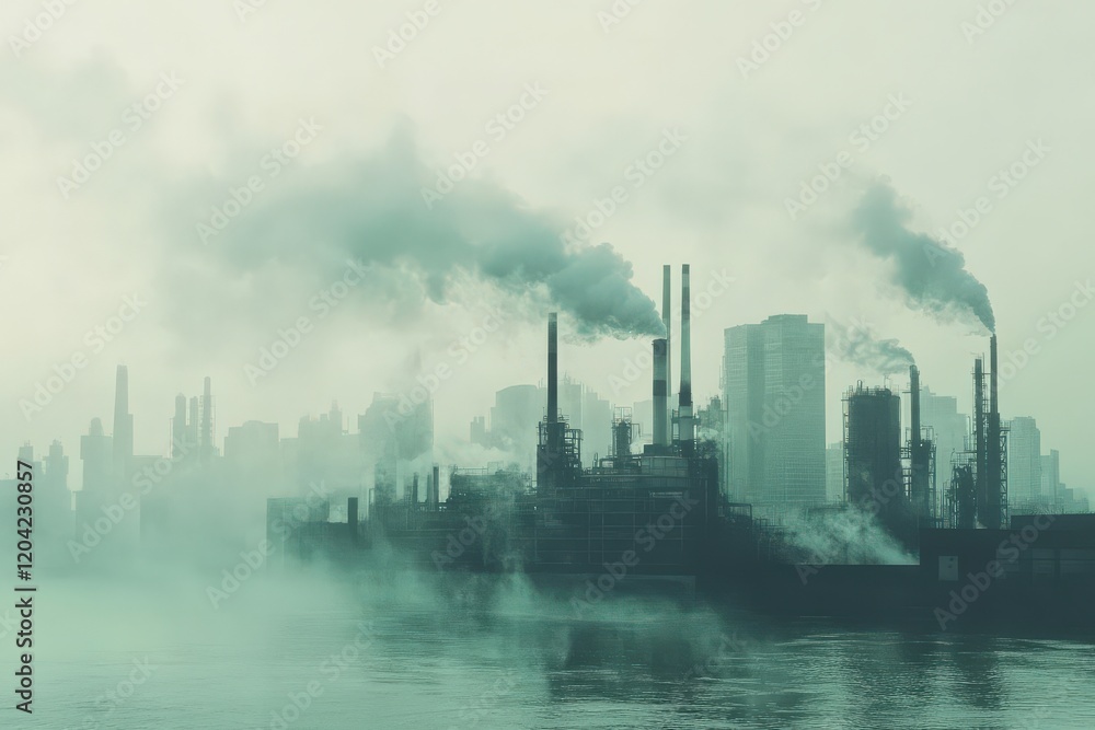 Industrial skyline shrouded in fog with smoke stacks emitting pollution into the air, creating a moody and atmospheric backdrop over a river at dawn. Industrial skyline shrouded in fog with smoke stacks emitting pollution into the air, creating a moody and atmospheric backdrop over a river at dawn.