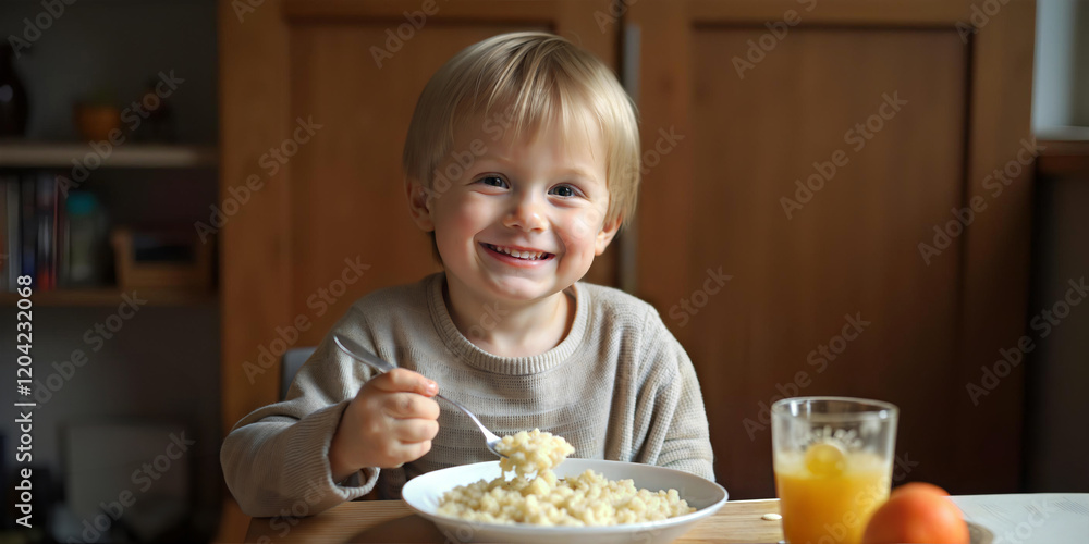 A happy child enjoys a traditional dish in a cozy kitchen, the child eats A happy child enjoys a traditional dish in a cozy kitchen, the child eats