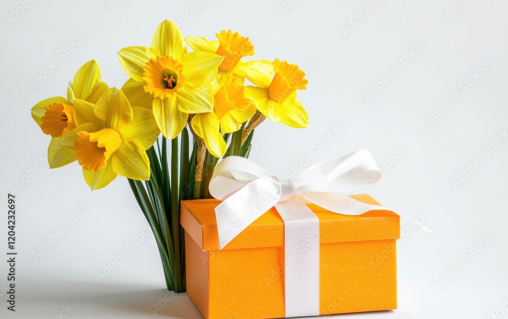 A cheerful bouquet of yellow daffodils and a sunny orange gift box tied with a white ribbon, set on a clean white background for Valentines Day and 8 March A cheerful bouquet of yellow daffodils and a sunny orange gift box tied with a white ribbon, set on a clean white background for Valentines Day and 8 March