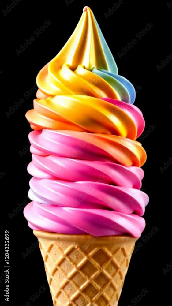 A vibrant rainbow swirl of soft serve ice cream in a crisp waffle cone ...