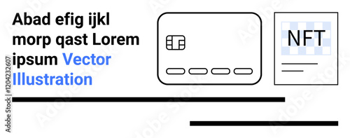Payment card with chip, NFT document with grid background, placeholder text in black, blue-colored Vector Illustration, black horizontal lines. Ideal for fintech, cryptocurrency, digital