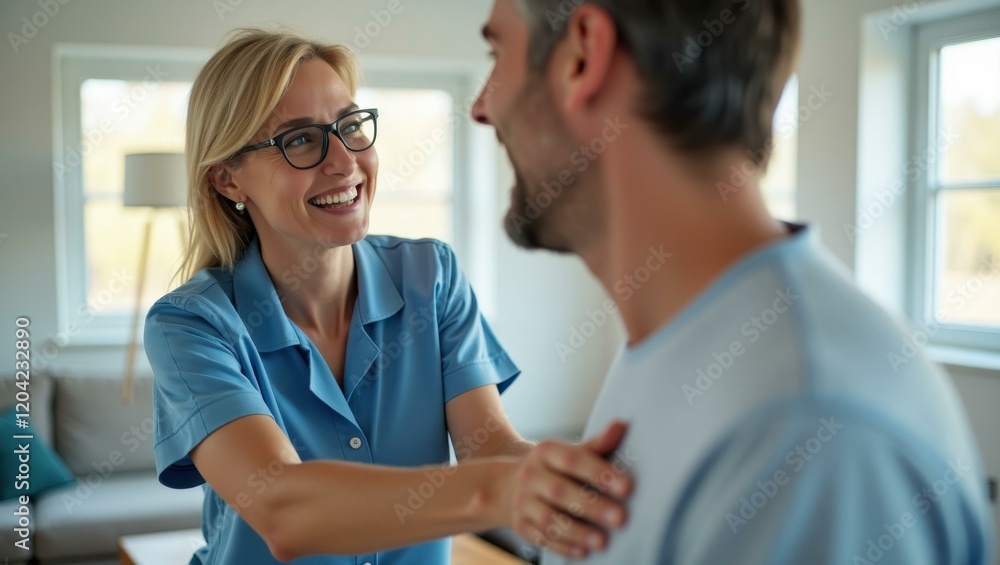 Obraz premium Supportive moment where therapist and patient share laugh over completed exercise Smiling Caucasian physical therapist assisting a patient with exercises